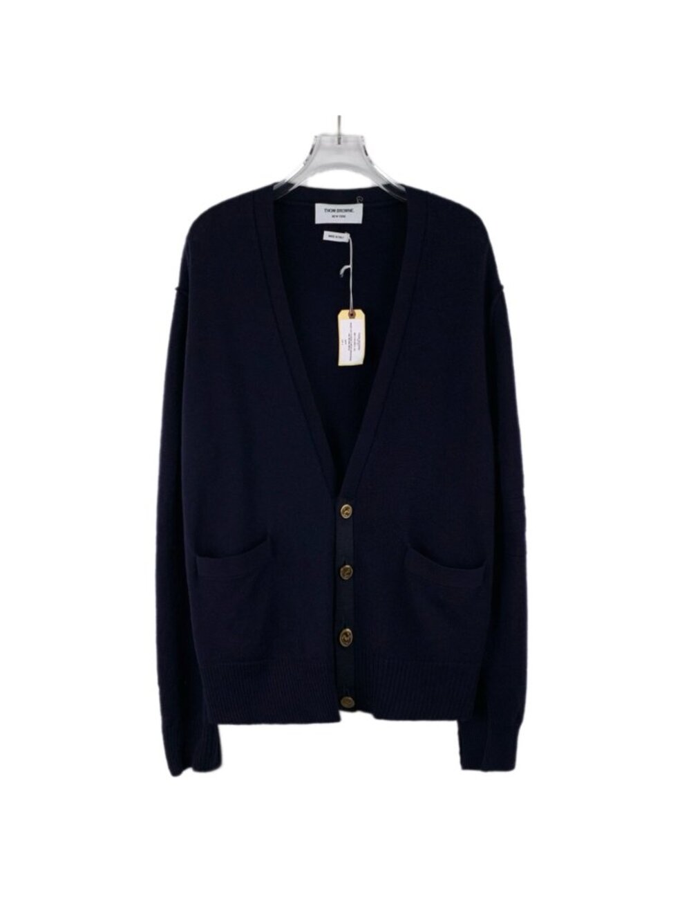 Thom Browne Dark Navy Wool V-Neck Single-Breasted Knit Cardigan